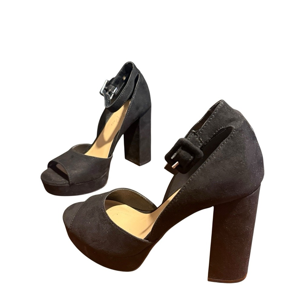 Y2K Date Night 90's Minimalist Wild Pair Heels 7 Black Suede Block Heel Peep Toe